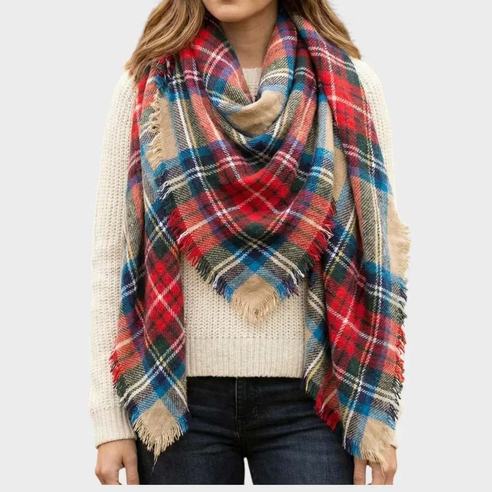 Large Blanket Scarf Plaid Blue Red White Cream 60